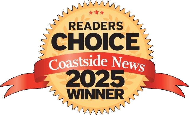 Coastside News Readers’ Choice 2025 Winner badge with gold seal, black background, orange ribbon, and text.