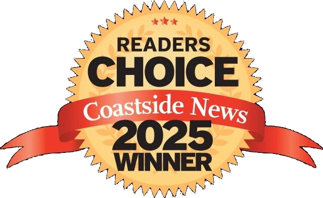 This image shows a &ldquo;Readers Choice&rdquo; award badge: Coastside News 2025 Winner, with a gold seal and red ribbon. logo on footer section.